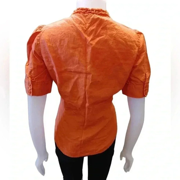 AK Anne Klein 100% Linen Ruffled Puff  Shoulders Button Down Top Size 8 - Picture 4 of 10